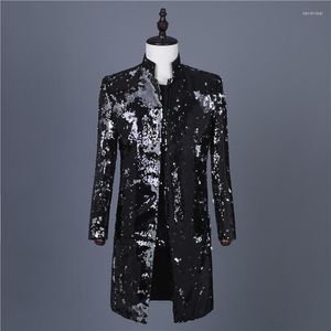 Trench da uomo Giacca da performance Giacca nera con paillettes Giacca a vento Colletto alla coreana Costume da ospite per discoteca Cappotto medio-lungo Kend22