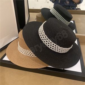 Summer Flat Straw Hat Women Travel Vacation Sun Hat Woman Pearl British French Top Fashion Luxury Hats
