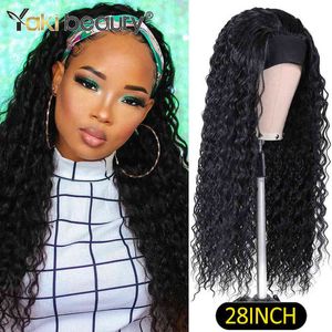 28Inch Long Afro Kinky Curly pannband Wigs syntetiska is för svarta kvinnor Ombre Wave Organic Fiber Hair 220707