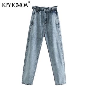 KPYTOMOA Women Fashion Side Pockets Baggy Paperbag Jeans Vintage High Elastic Waist Denim Female Ankle Trousers Mujer 210302
