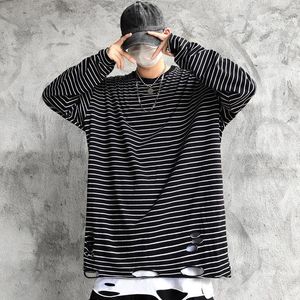 Men's T-Shirts Ripped Hole Cool Hip Hop Oversized Basic Sale Drop Ship Summer Striped Loose Long Sleeve Men T Shirt Korean Harajuku Streetwe