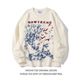 Moishe Tide Retro Wild Goose South Flying Alphabet Printed Round Neck Sweater Men's Loose Ins Couple Coat