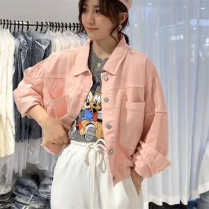 Koreansk stil kort denimjacka kvinnor avvisar krage casual ficka jeans kappa streetwear lång ärm lös lös ytterkläder chaquetas 220815