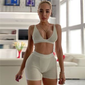 Sporty Casual Workout Two Piece Set Women V Neck Backless Tank Top And Shorts Sets Sleeveless Street Style Active Wear W220418