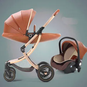 3-in-1 Luxury Baby Stroller with Car Seat, Eggshell Leather, High Landscape
