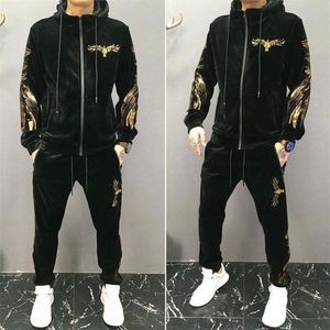 Gold Velvet Padded Pleuche Casual Sports Suit Mens Slim Winter TwoPiece Mens Fashion 201109