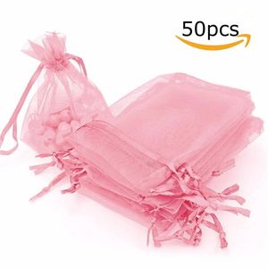 50pcs Organza 가방 주얼리 포장 선물 선물 선물 사탕 웨딩 파티 선물 포장 선호도 파우치 드로워 가능한 가방 선물 과자 220427