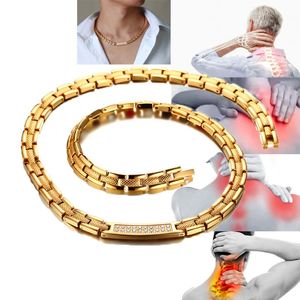 Catene Vinterly Collana lunga magnetica Donna Acciaio inossidabile color oro CZ Stone ID Collane per uomo Salute Energia Germanio MagneticChains