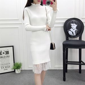 New Winter Female Fashion Thermal Knitted Ruffles Turtleneck Lace Knee-length Sweater Dress Ladies Slim Fit Bodycon Jumper Dress T200526