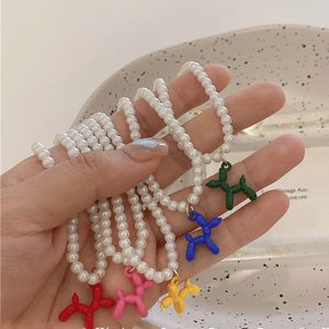 Cartoon Cute Balloon Dog Pendant Pearl Beaded Necklaces For Women Candy Color Poodle Animal Charm Beach Party Jewelry 5 colors