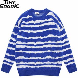 Män randig tröja streetwear päls stickad tröja hip hop retro vintage pullover bomull hajuku tröja blå svart