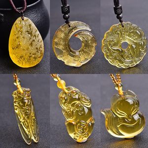 Anhänger Halsketten Unisex Citrin Exquisite Pixiu Abwehr des Bösen Goldene Zikade Verheißungsvolle Wolke Schnalle Halskette Männer Frauen GlücksschmuckAnhänger