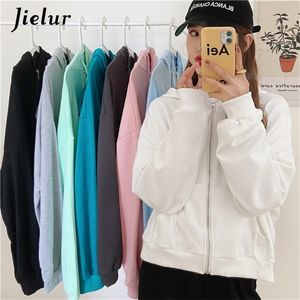 Jielur Chic Zipper Kvinnlig Sweatshirt Hooded Pullovers Soild Färg Hoodies Höst Loose Harajuku Kvinnor Tracksuit White M-2XL 220324