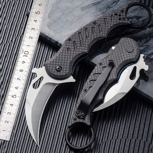 Karambit 클로프 나이프 D2 블레이드 탄소 섬유 손잡이 전술 포켓 포지 포딩 블레이드 클로 사냥 낚시 낚시 EDC 생존 도구 나이프 A4082