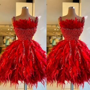 Red Feather Cocktail Prom Dresses Pearls Beaded Spaghetti Mini Evening Gowns Party Dress Special Occassion robe de soire