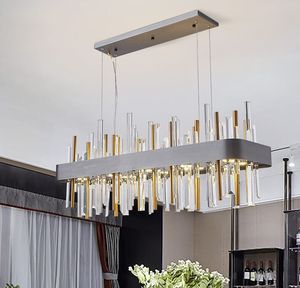 Kristall-Rechteck-Kronleuchter, verchromt, für Kücheninsel, Wohnzimmer, goldene Hängelampenröhre, LED-Luxus-Leuchten