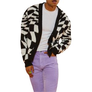 Men's Sweaters Fashion Checkerboard Sweater Men Brand Button Cardigan Irregular Long Sleeve Loose Knitted Argyle Couple CardigansMen's