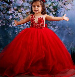 Lovely Flower Girls Dresses For Weddings Jewel Neck Tulle Handmade Flowers Sleeveless Big Bow Dark Red Princess Kids Birthday Girl Pageant Gowns 403