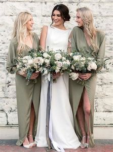 2022 Summer Bohemian Chiffon Bridesmaid Dresses A Line Long Sleeve V Neck Front Split Summer Garden Boho Country Wedding Guest Dress Plus Size BC11321