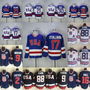 Mit 1980 Miracle on Ice Hockey Jersey 17 Jack O'Callahan 21 Mike Eruzione 30 Jim Craig 88 Patrick Kane 9 Zach Parise Mens Hockey Jerseys