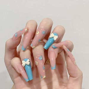 False Nails Ballet Macaron Blue Flor Blue Cover Dicas de unhas de pau 24pcs Long Coffin Removável Fake Prud22