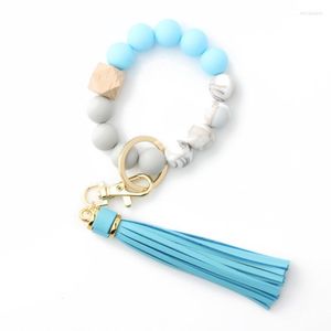 Keychains Wooden Silicone Beads Bangle Bracelet Leather Tassel Key Chain For Girls Personality Keyrings Daily Accessory Gift Miri22