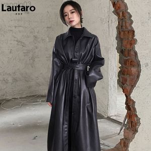 LaUtaro Autumn Long preto preto Cool de couro PU Trench para mulheres Belt Single Basted Loose Corean Fashion Roupos 2022 L220801