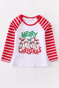 T-shirts Girlymax Merry Christmas Cow Winter Baby Girls Red Stripe Cotton Boutique TopT-shirt Raglans Clothes Long Sleeve Kids ClothingT-shi