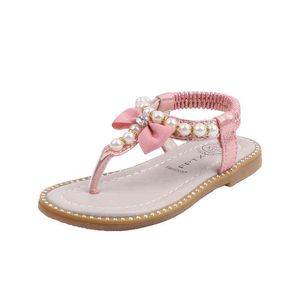 Kids Girls Sandals Summer Children Flip Flops Beach Shoes Baby Girl Bow Pearl Princess Flat Sandal Pink Beaded Toddler 21-35 G220418