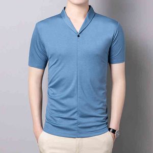 Summer Solid Color Short Sleeve Tshirt Men Korean Tsytle Slim Fit T shirt V neck Top Tee Mens Casual ComfortableShawl Collar XL