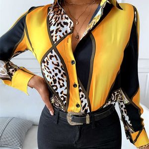 Kvinnor Elegant Fashion Flong Sleeve Top Casual Cheetah Print Colorblock Knappad långärmad skjorta 210716