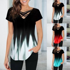 Women's Blouses & Shirts Women Summer Fashion Tops Sexy Cross Bandage Tie-dye Printng Ladies Blouse Female Short Sleeve Casual Shirt V Neck