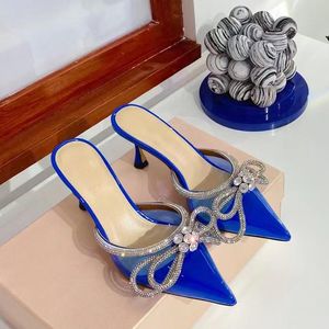 Designer Slippers Women Middle Heel Transparent PVC Sandals Rhinestone Bow Decorative Evening Woman Shoes Pointed Toe Crystal Sandals Luxury