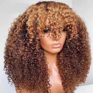 Highlights Ombre Blonde Brown Kinky Culry Silk Base Wigs With Bangs Scalp Top Full Machine Made Fringe Wig Human Hair For Black Women