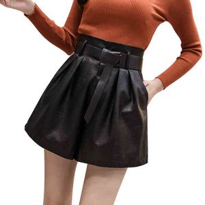 Hohe Taille PU Leder Shorts Frauen Koreanische Mode Hohe Taille Breite Bein Lose Höschen PU Shorts Mädchen Schwarz Kurze Mujer 210412