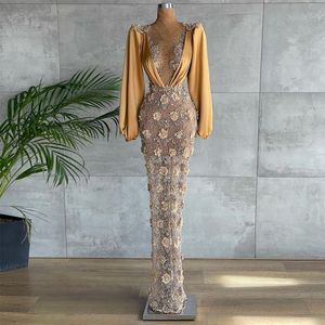 Gold Evening Dresses Long Sleeves Deep V Neck Satin Floor Length Lace Hollow Sparkling Beaded Appliques 3D Flowers Sexy Sequins Celebrity Party Prom Dress