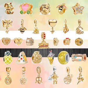 925 Charms de pulseira para Pandora Charm Set Caixa Original Cor Gold Cat Lucky Candy Candy Cheese Cake Cream Sorvete Europeu Colar Charms Jóias