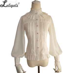 Säljer vintage kvinnors chiffongblus söta långa lanterhylsa hög krage skjorta med spets detaljerar 210308