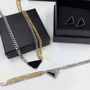 Mens Designer Armband Halsband örhängen Set Womens Double Chain Gold Silver Jewelry Designers Luxury P Triangle Armband Halsband örhängen 2206242D