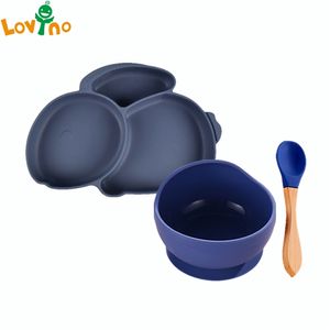 Baby Feeding Wooden Handle Silicone Spoon Baby Bowl Dishes Set Soild Food Kids Training Manipulative Ability Children Tableware 220715