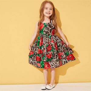 Kleine Kinder Kleider Sommer Mädchen Kleid 2T 4T 6T Ärmellose Baumwolle Leopard Rose Floral Kinder Prinzessin Kleid kinder Kleidung 220521