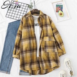 HSA Women Plaid Blus Overized Linen Yellow Plaid Blue and Shirts Långärmning Slå ner krage Spirng Jackatrock 210716