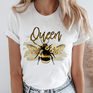 Kadınlar Baskı Arı Çiçeği Sevimli Tees Moda Karikatür Kadın Giysileri Kısa Kollu Üstler Bayanlar Grafik T-Shirt
