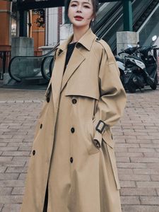 Temperamento francês Design de moda de outono Retro Corset cintura solto retrô de casaco de trincheira dupla para mulheres Office Lady L220725