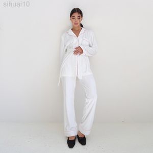 Hiloc malha Velvet Nightwear Women Pijama Conjuntos com calças Sharnen Pocket Sleeve Fits Fits de peito de peito único L220803