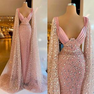 분홍색 반짝이는 인어 이브닝 드레스 섹시한 연인 커스텀 메이크 여성 파티 가운 분리 가능한 기차 댄스 댄스