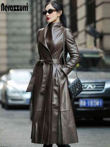 Nerazzurri осени коричневый черный мягкий мягкий кожаный плащ для женского поясной рентабель