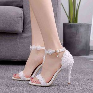 White Ankle Strap Lace Flowers Elegant Party Sandals Thin High Heels Women Big Size Summer Office Wedding Shoes Stilettos H0036 G220527