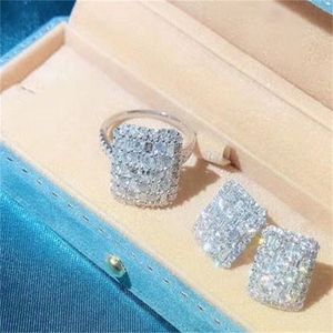 Jóias de luxo espumante Jóias finas exclusivas prata esterlina T Full T Princess Cut White Topaz Cz Diamond Women Woming Band Ring Presente E3