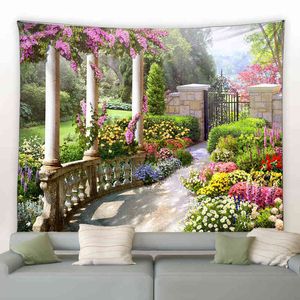 ヨーロッパスタイルの庭のタペストリーピンク黄色の花植物自然景観油絵物リビングルーム装飾壁ぶら下げ布J220804